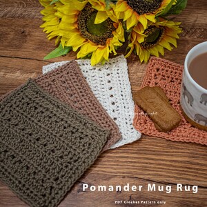 Crochet Coaster Pattern - the Pomander Mug Rug, perfect for confident beginners looking for a rustic mug rug to create that farmhouse charm