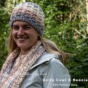 May include: A woman wearing a crocheted cowl and beanie in shades of beige, brown, and gray. The text "Anita Cowl & Beanie PDF Pattern Only" is visible below the woman.