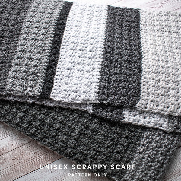 Unisex Scrappy Scarf, easy crochet scarf pattern, PDF Pattern only
