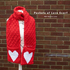 Pockets of Love, adult crochet pocket scarf PDF Pattern perfect for valentines gifts and birthday and Christmas gift ideas for her.