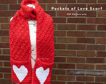 Pockets of Love, adult crochet pocket scarf PDF Pattern perfect for valentines gifts and birthday and Christmas gift ideas for her.