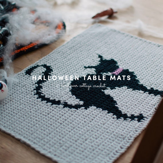 Set of 4 Halloween Placemats Crochet Patterns | Witch's Cat