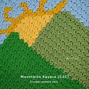 Peut inclure: Modèle de crochet pour un carré avec un motif de montagne et de soleil. Le modèle s'appelle "Mountains Square (C2C)".