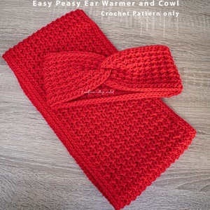May include: A red crocheted ear warmer and cowl set. The ear warmer is folded over and placed on top of the cowl. The set is laid out on a woodgrain surface.