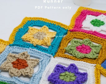 Scrappy Summer Tablerunner, outdoor tablecloth, crochet pattern pdf, flower motifs, join as you go, video tutorials included