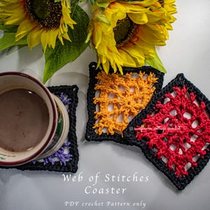 May include: Three square crochet coasters featuring a black border and intricate center patterns in purple, orange, and red. A ceramic mug sits on the purple coaster. The text reads Web of Stitches Coaster and PDF crochet Pattern only.