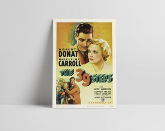 Les 39 étapes de 1935 : Robert Donat, Madeleine Carroll, Alfred Hitchcock - Affiche de film premium en soie semi-brillante restaurée