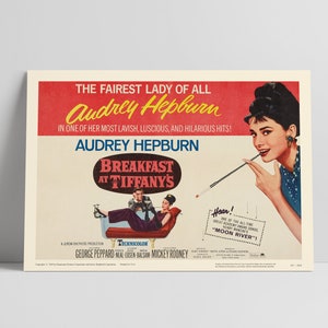 Breakfast at Tiffany&#39;s 1961: Audrey Hepburn, George Peppard - Restored Premium Semi-Glossy Silk Movie Poster - Version 2