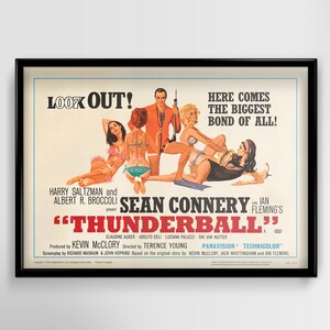 Thunderball 1965: Ian Fleming, James Bond, Sean Connery 007 - Restored Premium Wooden Black Framed Movie Poster Print