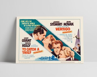 Vertigo (1958) e Caccia al ladro (1955): Alfred Hitchcock - Locandina cinematografica restaurata di alta qualità su carta serigrafata semilucida.