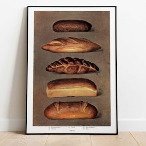 May include: A vintage illustration of five different types of bread, including rye, Vienna, and New England. The illustration is in a brown frame and has the word "BREAD" printed at the bottom.