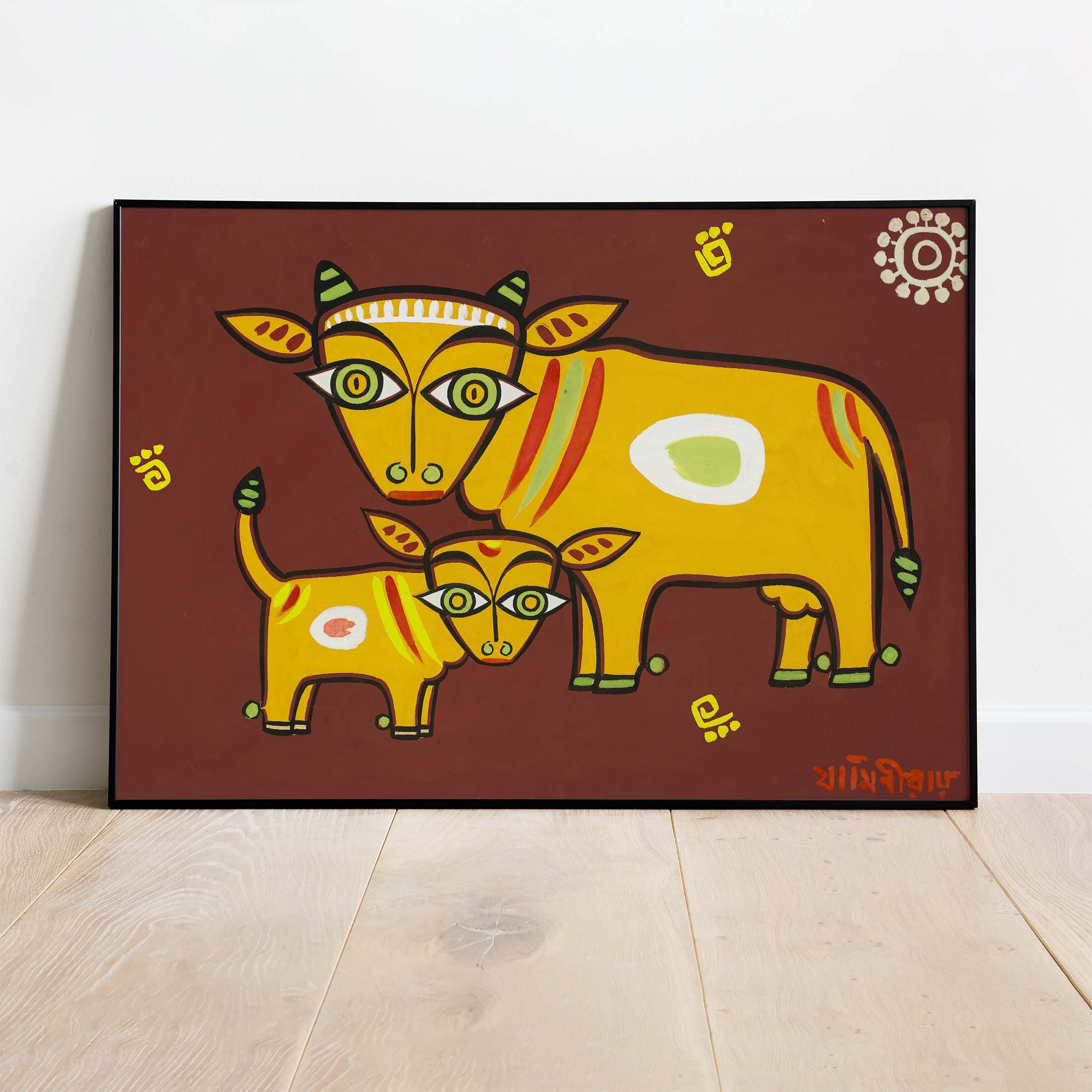 オリジナル木版画☆子牛 ジャミニ・ロイ - 牛と子牛、インドのアート、印刷可能なポスター
