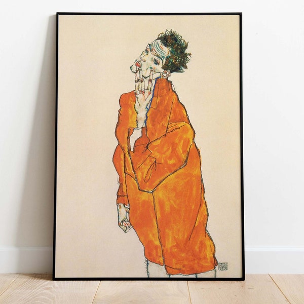 Egon Schiele - Selbstbildnis in oranger Jacke, Affiche téléchargeable, Art imprimable, Téléchargement instantané