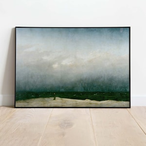 May include: A painting of a lone figure standing on a beach, looking out at a stormy sea. The sky is overcast with dark clouds, and the waves are crashing against the shore. The painting is done in a muted palette of blues, greens, and grays.