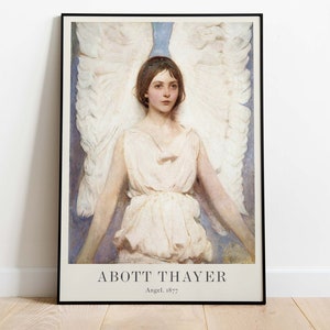 May include: A vintage poster featuring a painting of an angel with large white wings. The angel is a young woman with long brown hair and a white dress. The painting is by Abbott Thayer and titled "Angel, 1877".
