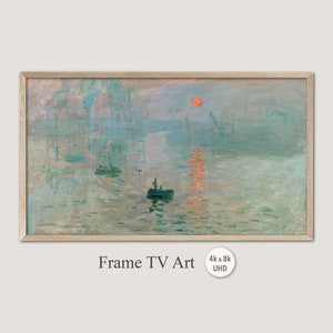 May include: A painting of a foggy sunrise over a body of water with a small boat in the foreground. The sky is a pale blue with a bright orange sun in the distance. The water is a light blue-green with a hazy, atmospheric effect.