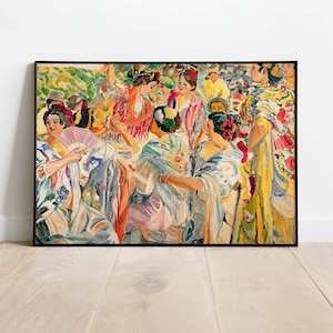 Puede incluir: Una pintura colorida que representa a un grupo de personas en una escena animada. Las figuras están vestidas con ropa vibrante, con tonos de amarillo, rojo, azul y verde que dominan la composición. La pintura captura un momento de celebración y alegría, con las figuras interactuando entre sí de una manera dinámica y expresiva.