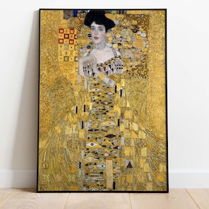 May include: A painting of a woman in a gold dress with a geometric pattern. The woman has dark hair and is wearing a crown of jewels. The background is a gold and black mosaic.
