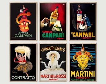 Carteles publicitarios vintage de bebidas alcohólicas: Lote de 6 láminas artísticas (descarga digital)
