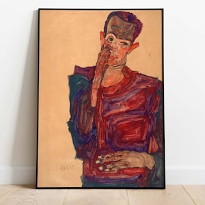 May include: A painting of a man with a red and purple shirt, his hand covering his face. The background is a light orange color. The painting is signed "Khile 10."