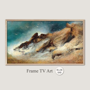 Puede incluir: Una pintura de un paisaje rocoso con olas rompiendo y gaviotas volando por encima. El cielo es de un azul grisáceo tormentoso, y las rocas son una mezcla de marrón y beige.