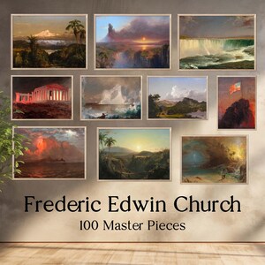May include: A collage of ten framed landscape paintings by Frederic Edwin Church. The paintings depict various scenes of nature, including mountains, waterfalls, and forests. The title "Frederic Edwin Church 100 Master Pieces" is displayed below the paintings.