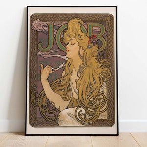 May include: A vintage poster featuring a woman with long flowing blonde hair, wearing a white dress. The poster has a decorative border and the word "JOB" in large letters.