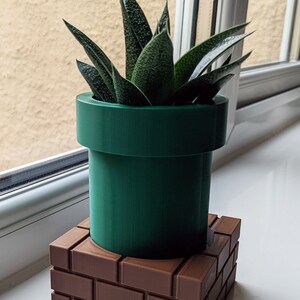 Op de afbeelding: Een groene en bruine 3D-geprinte plantenpot in de vorm van een Super Mario Bros.-pijp. De pijp staat op een bakstenen basis. Een vetplant groeit in de pijp.