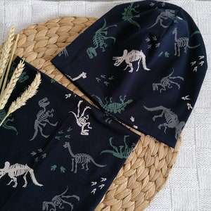 Mütze mit Dinosaurier Dino Beanie Wintermütze Wendemütze Wendebeanie Loop Loopschal Wendeloop Wendeloopschal Schlauchschal Schal blau grau