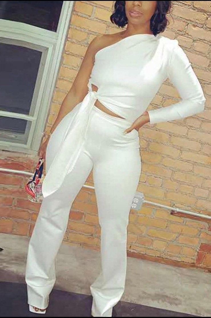 white sequin pant suit