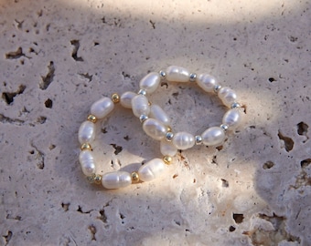 FeriaStudio| Handmade pearl ring “Lucero” made of freshwater pearls - mother-of-pearl, white, Miyuki pearls, silver, gold, minimalist, rice pearls