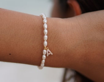 Feria Studio | Handmade Initials Freshwater Pearl Bracelet “Letras” Rice Pearls Cubic Zirconia Personalized Gift Valentine's Day