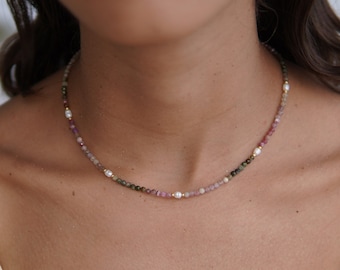 FeriaStudio | Handmade tourmaline gemstone necklace &quot;Gema&quot; - colorful autumn colors, freshwater pearls, 24k gold-plated or 925 sterling silver
