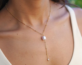 FeriaStudio| Handmade Y-necklace "Duetta" with a large and small freshwater pearl pendant - gold chain gold-plated or sterling silver