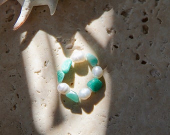 FeriaStudio | Handmade ring “Amazonita” made of freshwater pearls and Amazonite gemstones