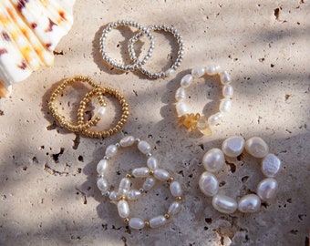 FeriaStudio| Handmade pearl rings &quot;Lucero&quot; made of freshwater pearls - mother of pearl, white, Miyuki pearls, silver, gold, minimalist, rice pearls