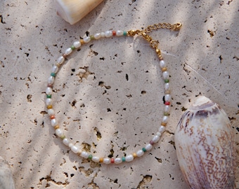 FeriaStudio | Arcoíris anklet, real freshwater pearls, pastel colored small beads, rainbow, gold plated or 925 sterling silver