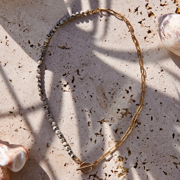 FeriaStudio | Handmade pearl necklace “Lunera” - Dalmatian jasper, link chain, asymmetrical, half-half, set, 24k gold plated, animal pattern