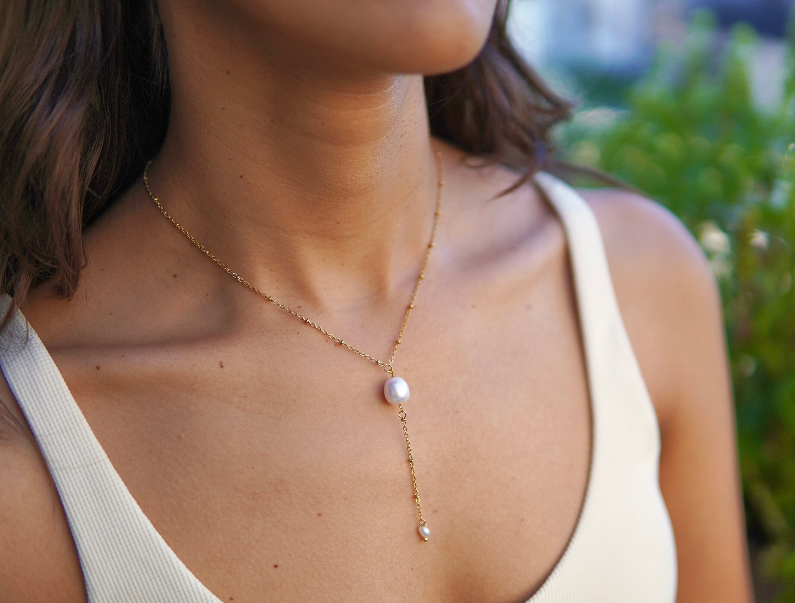FeriaStudio| Handmade Y-necklace "Duetta" with a large and small freshwater pearl pendant - Gold-plated or sterling silver chain