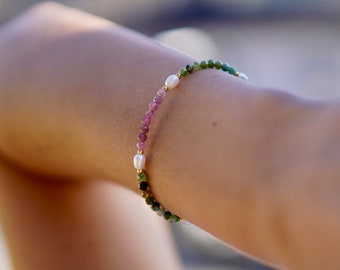 FeriaStudio | Handmade tourmaline gemstone bracelet “Gema” - colorful autumn colors, freshwater pearls, gold-plated or 925 sterling silver