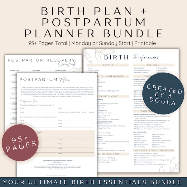 Geburtsplaner-Vorlage und Postpartum-Planer druckbares Bundle, Geburts-Essoires-Bundle, erwartete Mama Kit, neue Mama Planer