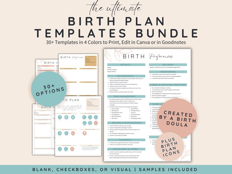 Birth Plan Editable Bundle, Labor and Delivery Plan, Printable Birthing Plan, Birth Planner, Birth Plan Checklist, Canva Birth Plan Template