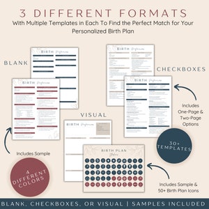 3 different formats of birth plans included with over 30 birth plan options in 4 different colors.