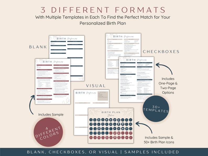 3 different formats of birth plans included with over 30 birth plan options in 4 different colors.