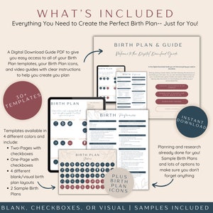 What's Included in the Birth Plan Template download: a digital download guide to access all of your birth plan templates, birth plan icons, and video how-to guides. Birth plans available in different styles, formats, and colors.