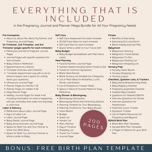 May include: A pink and white graphic with the text "Everything That Is Included" in the Pregnancy Journal and Planner Mega Bundle for All Your Pregnancy Needs. The graphic lists 200 pages of content, including pre-conception, self-care, fitness, babymoon, nursery prep, checklists, question lists, and trackers, labor and delivery, and a bonus free birth plan template.