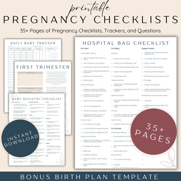 Ensemble de listes de contrôle de grossesse, agenda de grossesse imprimable, modèles de listes de tâches, listes de contrôle pour la première fois, maman et bébé, cadeau pour une femme enceinte