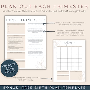 May include: A printable planner for expecting mothers, with a checklist for each trimester of pregnancy. The planner includes a monthly calendar, a section for writing down priorities and goals, and a checklist of tasks to help accomplish each trimester. The planner is designed with a minimalist aesthetic and features a floral design.