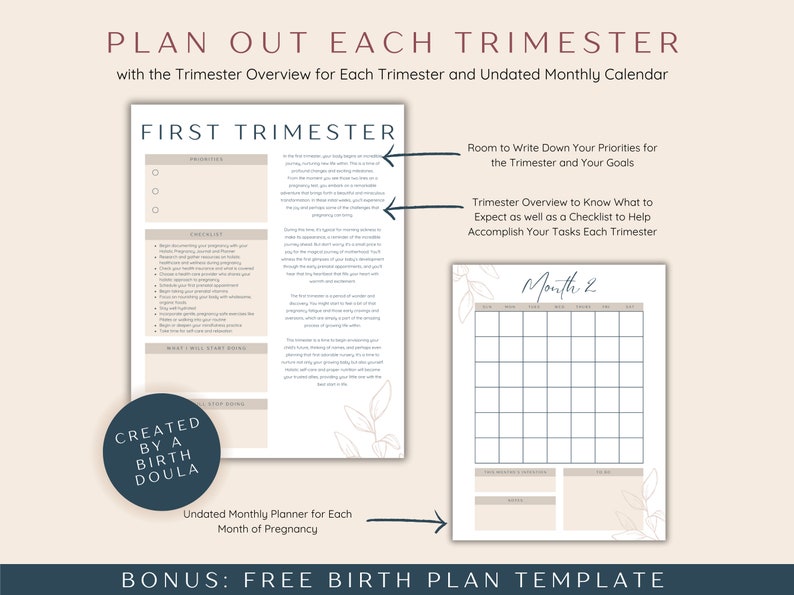 May include: A printable planner for expecting mothers, with a checklist for each trimester of pregnancy. The planner includes a monthly calendar, a section for writing down priorities and goals, and a checklist of tasks to help accomplish each trimester. The planner is designed with a minimalist aesthetic and features a floral design.