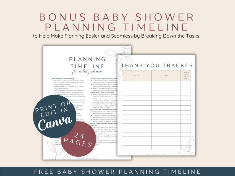 May include: A printable baby shower planning timeline and thank you tracker. The timeline includes a list of tasks to complete before, during, and after the shower. The thank you tracker is a table with columns for name, gift, and thank you sent. The document is designed to help plan a baby shower and keep track of guests and gifts. The document is available for download and can be edited in Canva. The document is 24 pages long.